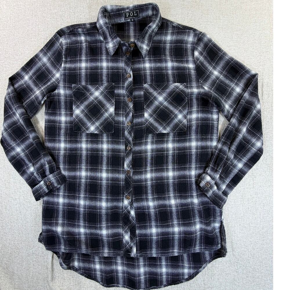 POL Women's Medium Black White Plaid Long Sleeve Button Front Casual Shirt Top